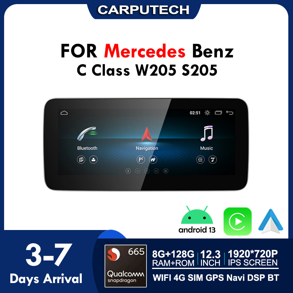 Pour Mercedes Benz Classe C W205 S205 | CarPlay sans fil et Android Auto | Écran tactile 12,3 pouces Snapdragon665 Android13 Voiture GPS Stéréo Multimédia Autoradio 