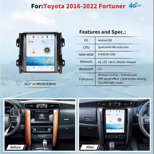 12.1" For Toyota fortuner 2016-2022 Car Radio Stereo Carplay Upgrade Tesla Style Screen Android Auto GPS Navigation Multimedia Player