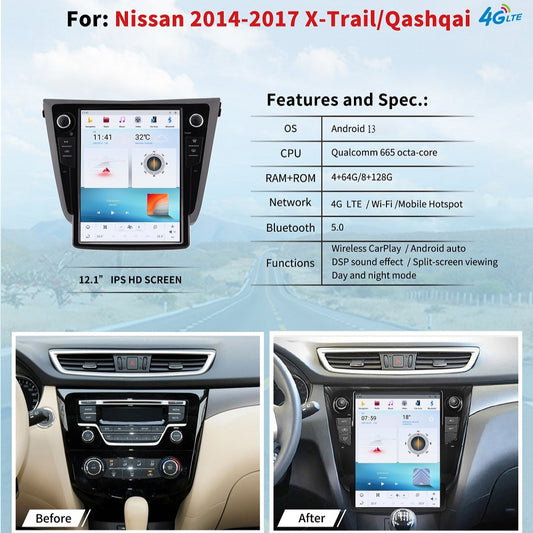 12.1" For NISSAN X-trail 2014-2017 Car Radio Headunit Stereo Carplay Upgrade Tesla Style Screen Android Auto GPS Navigation Multimedia Player