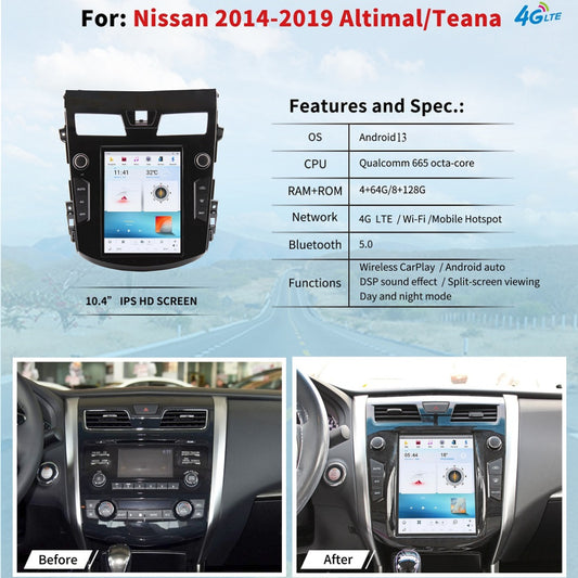 10.4" For NISSAN Altima/ Teana 2014-2019 Car Radio Headunit Stereo Carplay Upgrade Tesla Style Screen Android Auto GPS Navigation Multimedia Player