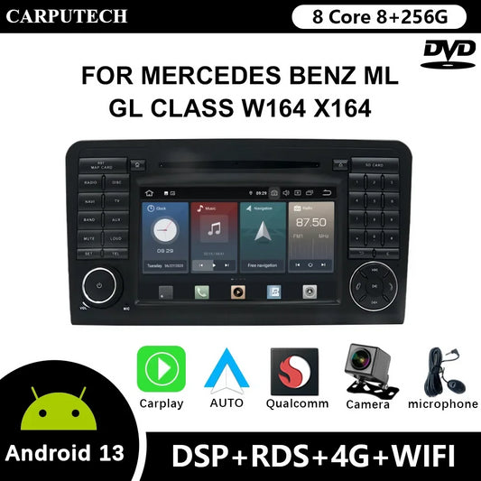 Carputech Car Radio 2 Din Android 12 8G+128G For Mercedes Benz ML GL Class W164 X164 Qualcomm DVD GPS CarPlay WIFI 4G Bluetooth DSP