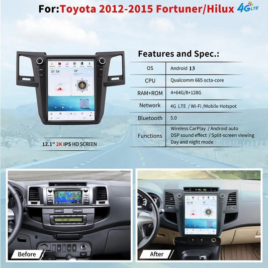 12.1" For Toyota fortuner 2012-2015 Car Radio Stereo Carplay Upgrade Tesla Style Screen Android Auto GPS Navigation Multimedia Player