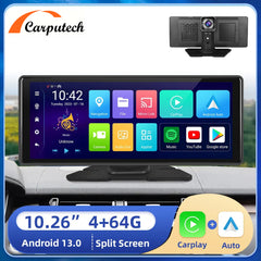 Carputech 10,26 pouces DVR de voiture pour Android 13 4 + 64G Carplay Monitor Android Auto Dash Cam WIFI GPS Navigation Tableau de bord Enregistreur 