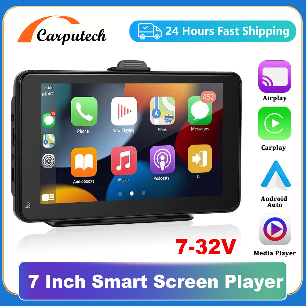 Carputech Carplay Android Auto Autoradio Lecteur Multimédia Sans Fil pour Écran Tactile Portable Universel 7'' Avec AUX USB BT 