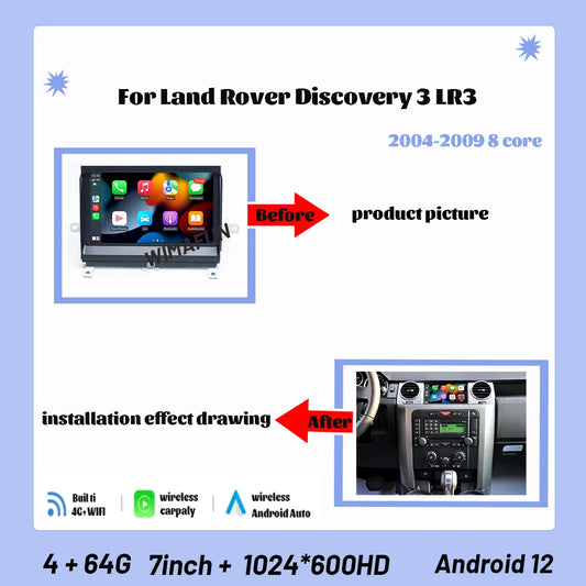 Autoradio 7 pouces pour Land Rover Discovery 3 LR3 2004-2009, lecteur de navigation GPS, multimédia, Bluetooth, Carplay, Android 12 