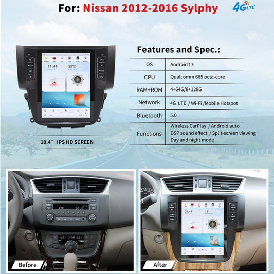 10.4" For NISSAN Sylphy 2012-2016 Car Radio Headunit Stereo Carplay Upgrade Tesla Style Screen Android Auto GPS Navigation Multimedia Player