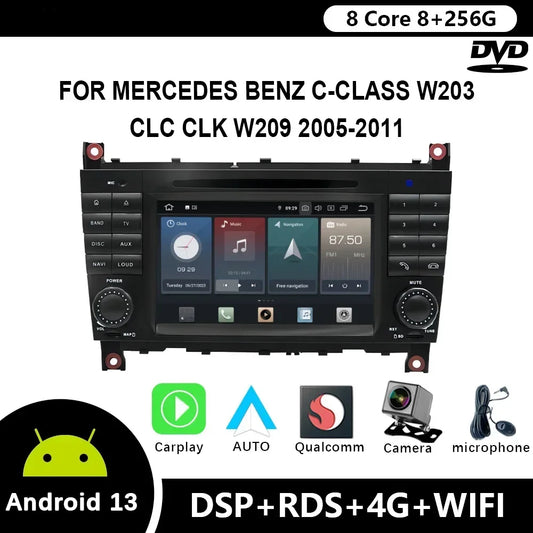 For Mercedes Benz C-Class W203 CLC CLK W209 2005-2011 Qualcomm Car Radio 7" Android 12 DVD GPS CarPlay WIFI 4G Bluetooth