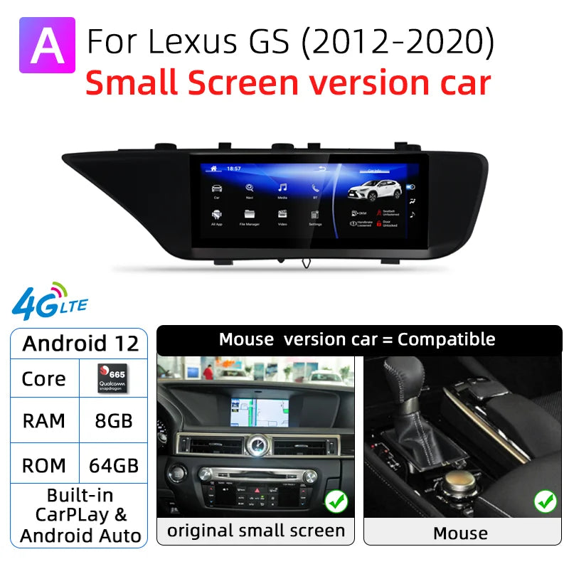 12.3inch Android 13 Car Radio CarPlay For Lexus GS GS200 GS250 GS300 GS350 GS450 2012-2020 GPS Multimedia Player Quanlcomm Navi Stereo