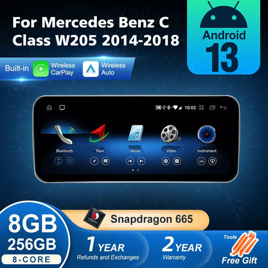 Android 13 CarPlay sans fil pour Mercedes Benz Classe C W205 2014-2018 Navigation multimédia de voiture Radio GPS SWC DSP 4G WiFi 