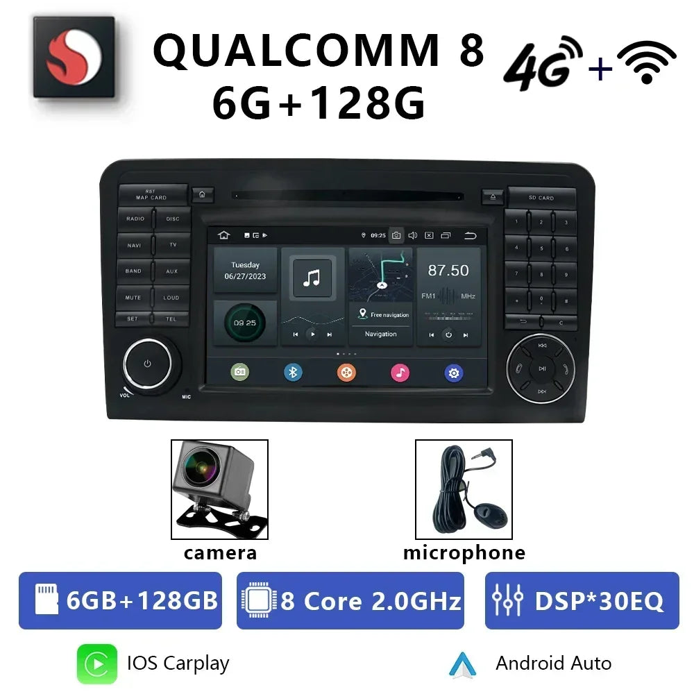 Autoradio Carputech 2 Din Android 12 8G + 128G pour Mercedes Benz ML GL Classe W164 X164 Qualcomm DVD GPS CarPlay WIFI 4G Bluetooth DSP 