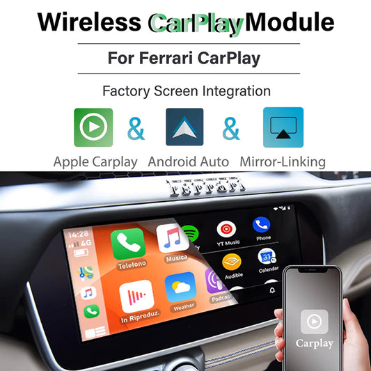 Apple Carplay et Android Auto sans fil pour Ferrari 458 (F142) 488 (F142M) F12Berlinetta (F152) F8 (F142MFL) 812 Superfast (F152M) GTC4Lusso (F151M) Portofino (F164) Roma (F169) California T (F149M) 2009-2023