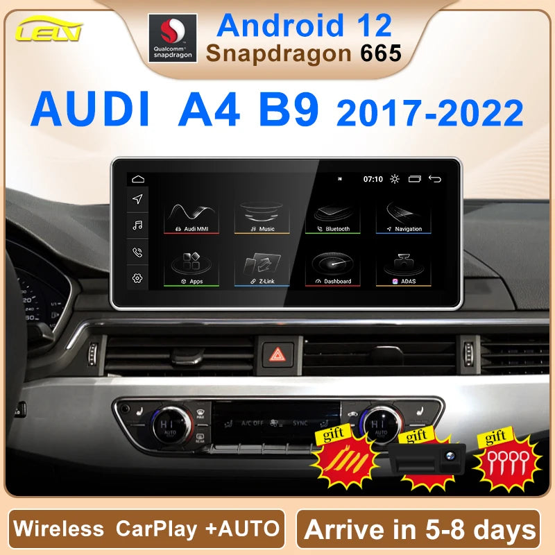 Qualcomm 8G 128G Android12 10.25 pouces Carplay AUTO pour AUDI 2018-2022 A4 A5 S5 B9 Lecteur vidéo de voiture Navigation GPS Écran intelligent 