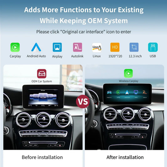 Récepteur radio multimédia sans fil Carplay/Android Auto à écran tactile 12,3 pouces pour Mercedes Benz GLA CLA GLC GLK ML W205 W176 C117