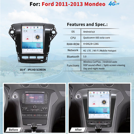 Autoradio 10,4" pour Ford Mondeo 2011-2013, stéréo, Carplay, mise à niveau, écran de style Tesla, Android Auto, navigation GPS, lecteur multimédia