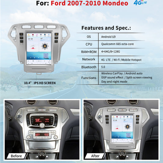 Autoradio 10,4" pour Ford Mondeo MK4 2007-2010, stéréo, Carplay, mise à niveau, écran de style Tesla, Android Auto, navigation GPS, lecteur multimédia