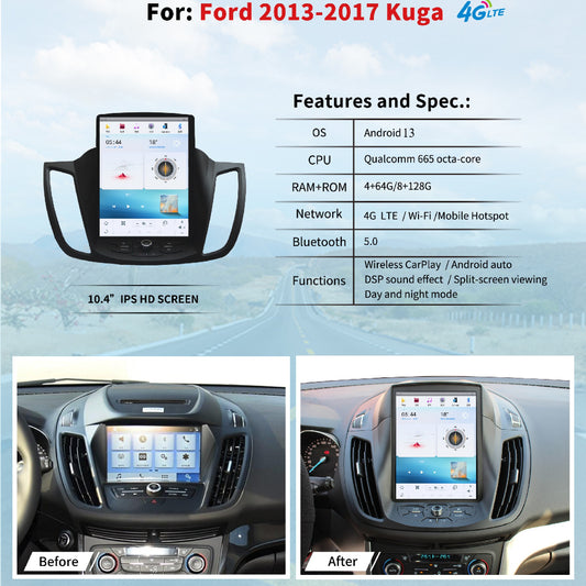 Autoradio 10,4" pour Ford Kuga 2013-2017, unité centrale stéréo Carplay, mise à niveau, écran de style Tesla, Android Auto, navigation GPS, lecteur multimédia