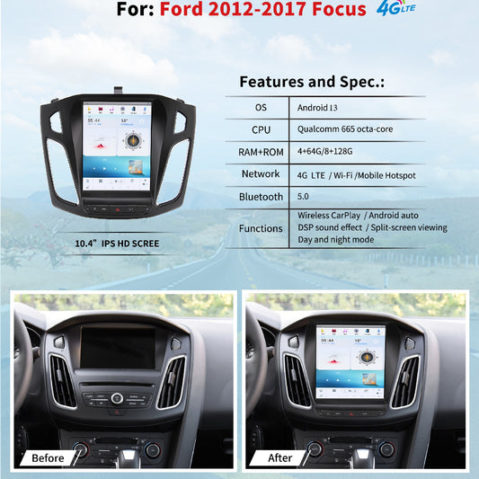 Autoradio 10,4" pour Ford Focus 2012-2017, unité centrale stéréo Carplay, mise à niveau, écran de style Tesla, Android Auto, navigation GPS, lecteur multimédia