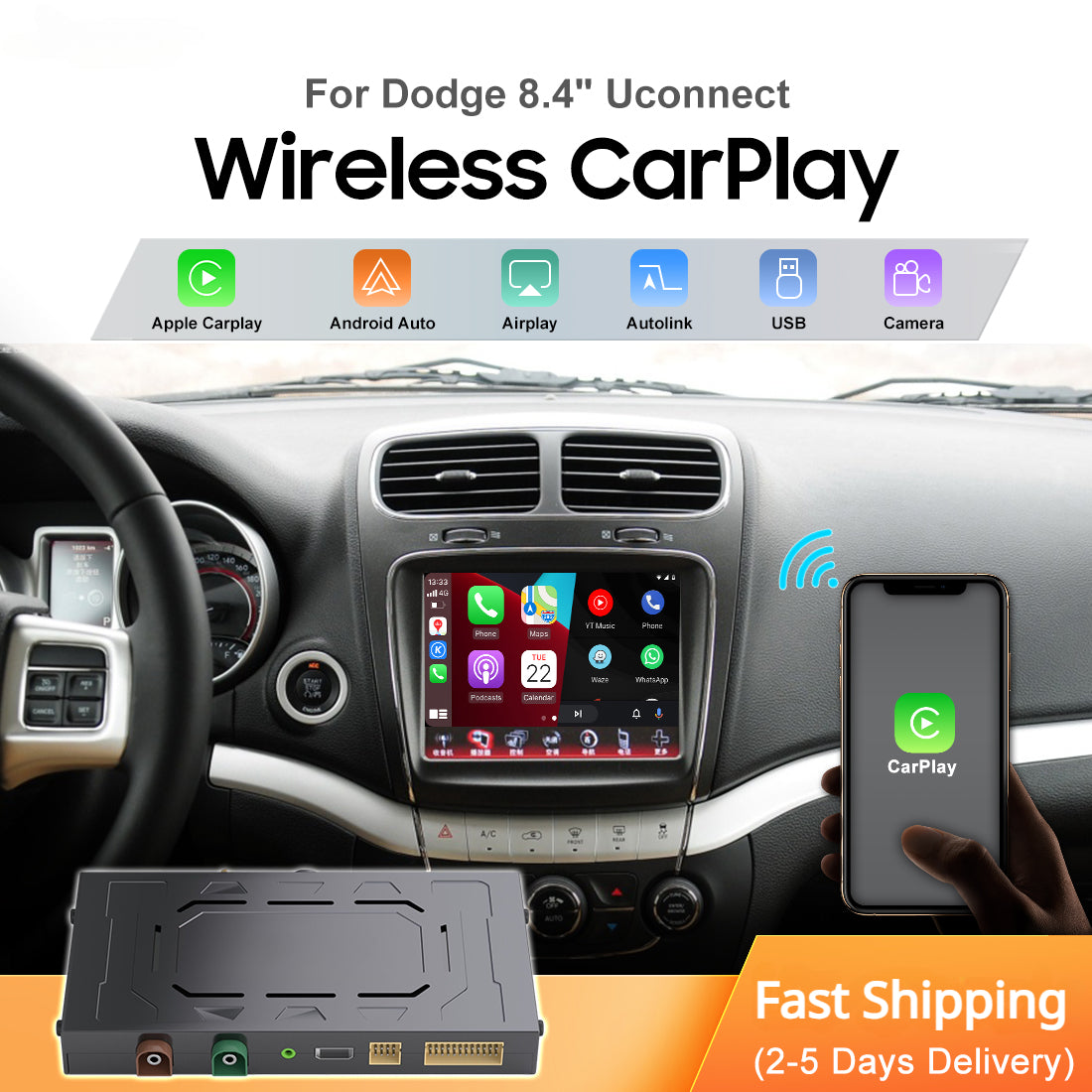 Carputech Kabelloses Apple CarPlay für Dodge Uconnect 8,4" Charger Ram Challenger Journey Durango CarPlay Kit Android Auto Mirror-Link Reservekamera-Nachrüstung