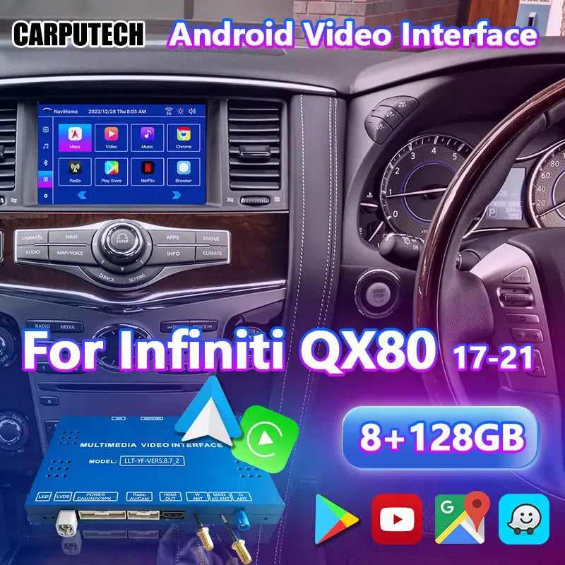 Interface vidéo multimédia Android Carputech 8 + 128 Go pour Nissan Patrol Y62 QX60 QX80 Pathfinder R52 2010-2024 Écran du module Carplay