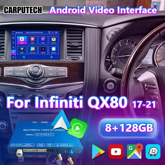 Carputech 8+128GB Android Multimedia Video Interface for Nissan Patrol Y62 QX60 Q60 QX80 Pathfinder R52 370z 2007-2024 Infiniti 2011-2024 Carplay Module Screen